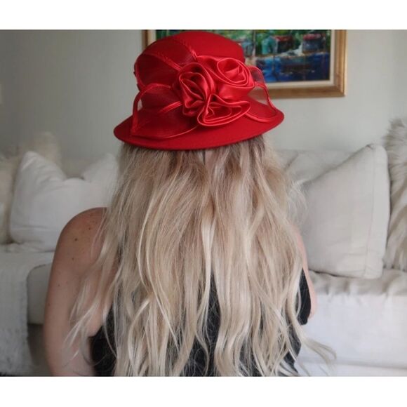 Fancy Women's Hat 100% Wool Red 3D Intricate Rose Bow Event Party Derby - Picture 3 of 12